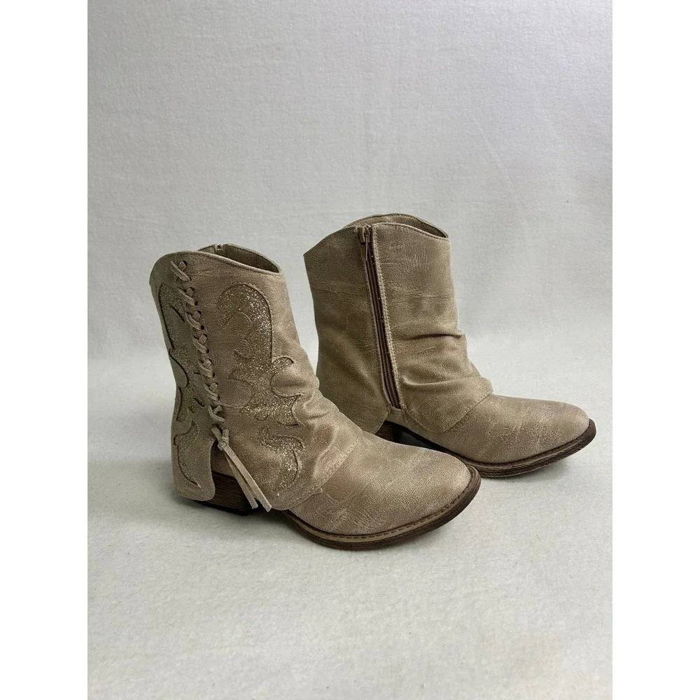 Boho Western‎ Very G Womens 6 Taupe Glitter Fringe Slouchy Ankle Boots VGLB0386